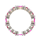 Side profile of the ruby and pink sapphire eternity band showing the delicate white gold claw settings.