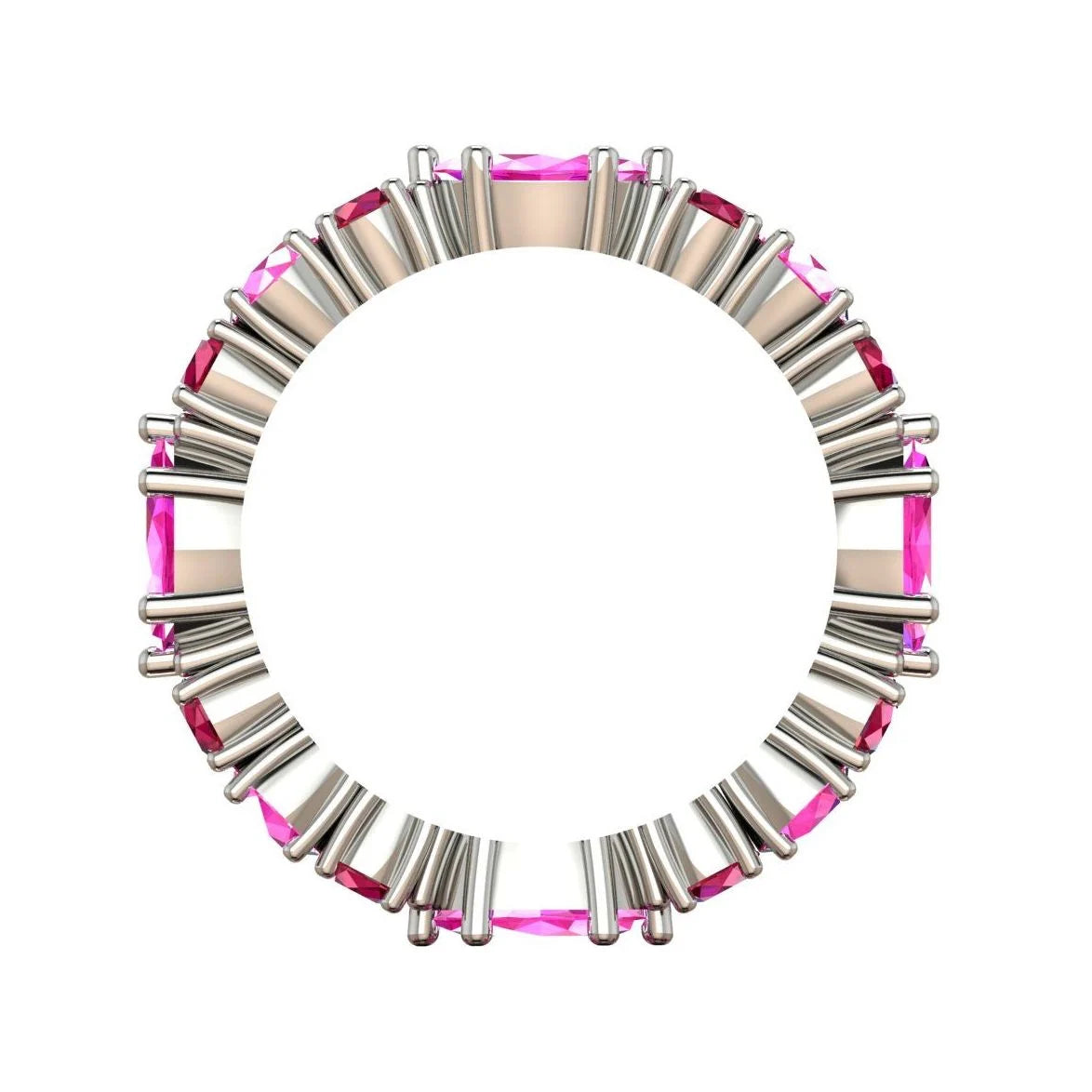Side profile of the ruby and pink sapphire eternity band showing the delicate white gold claw settings.