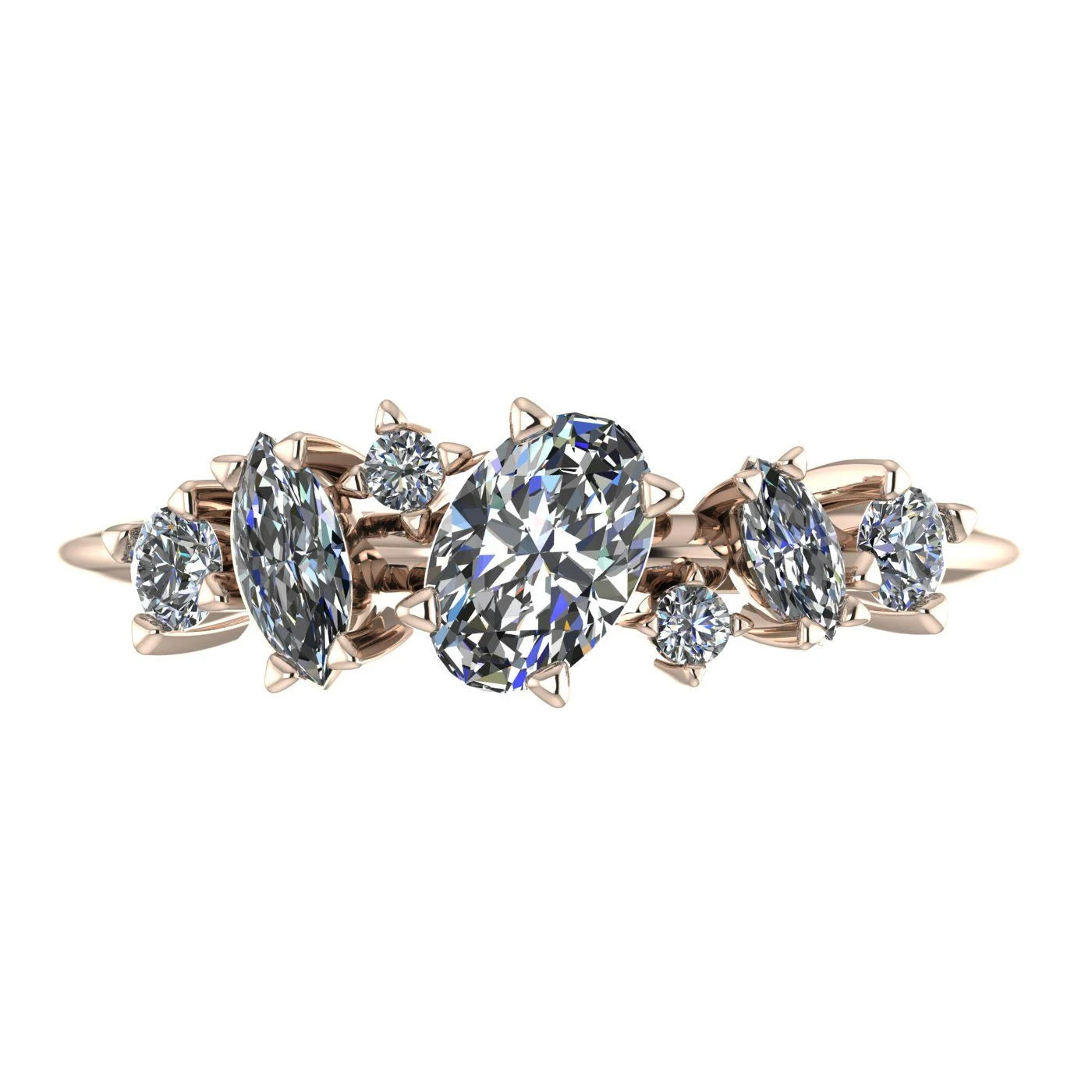 Front view of the 18ct rose gold Atlantis Paradise ring featuring a unique asymmetrical cluster of three brilliant-cut diamonds.