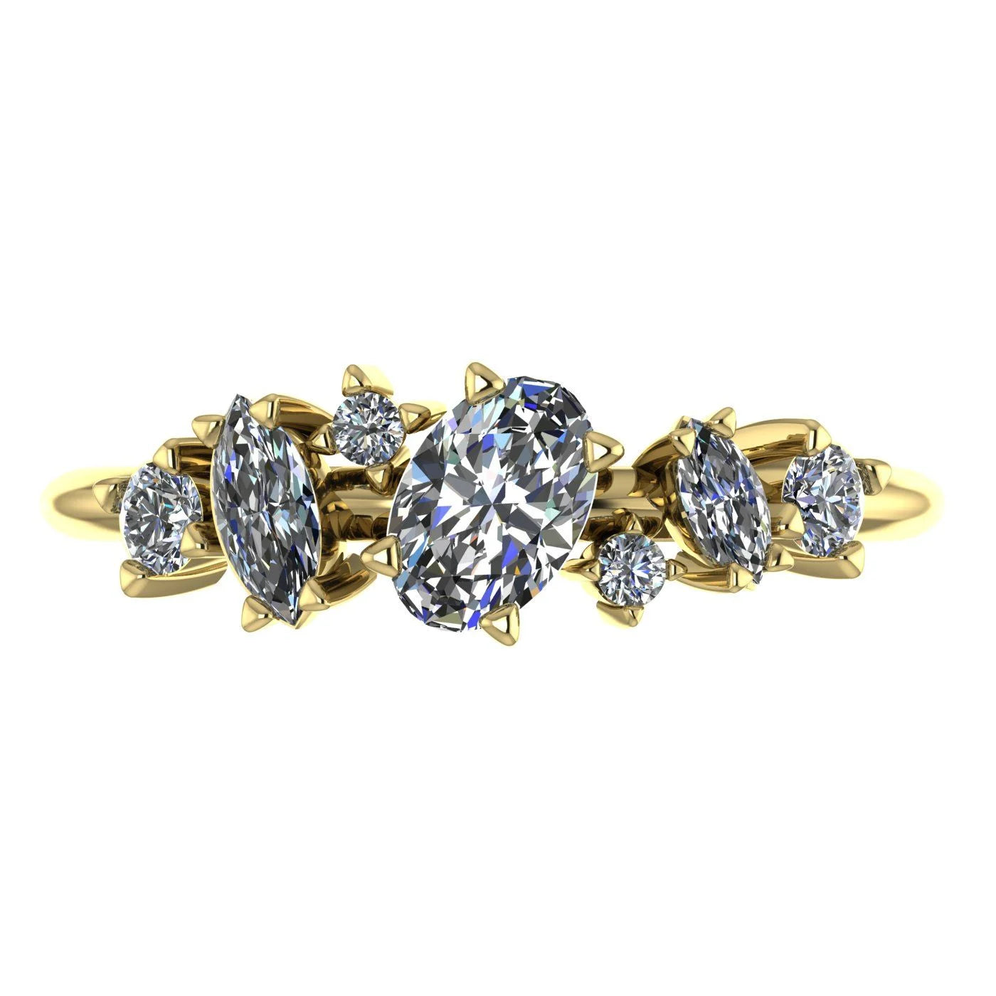 Top view of the Atlantis Paradise ring in 18ct yellow gold, featuring an asymmetrical cluster of three brilliant-cut diamonds.