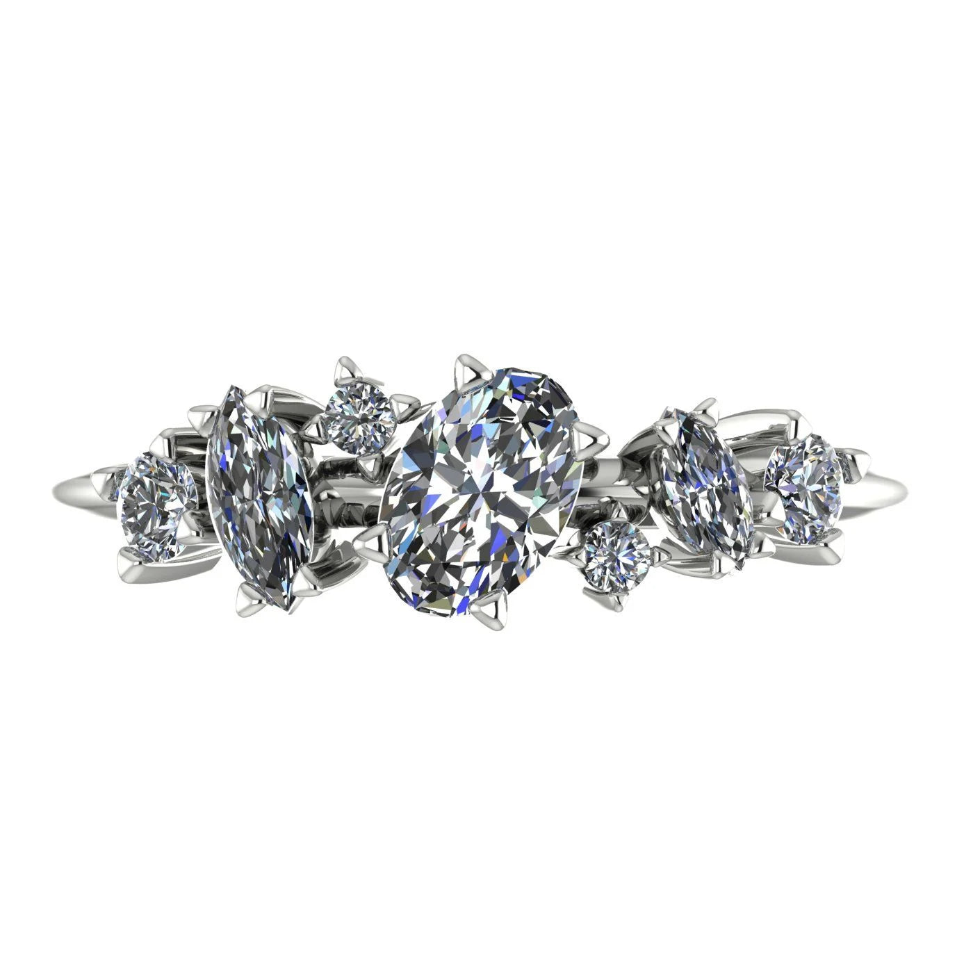 Front view of the Atlantis Paradise ring in polished white metal, featuring an asymmetrical cluster of three brilliant-cut diamonds.