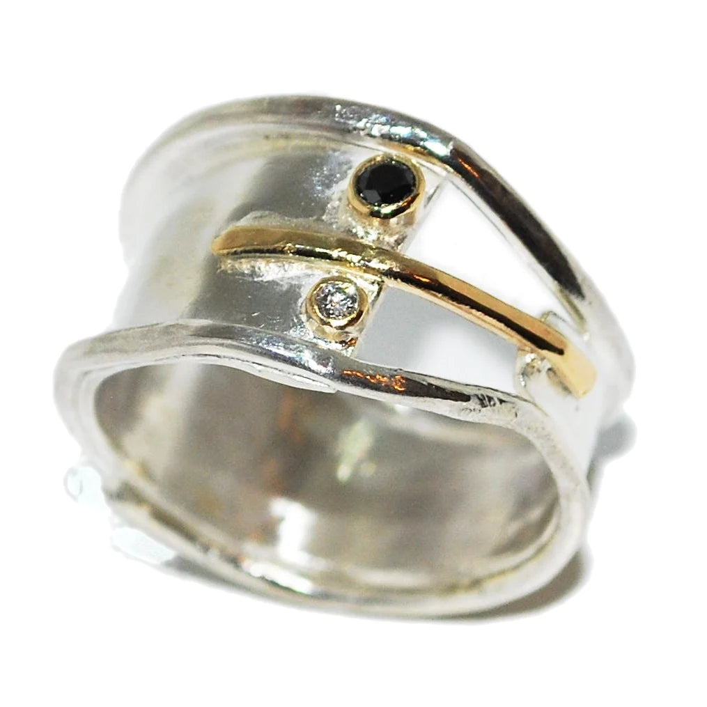 White And Black Diamond Unusual & Quirky Handmade Silver Ring