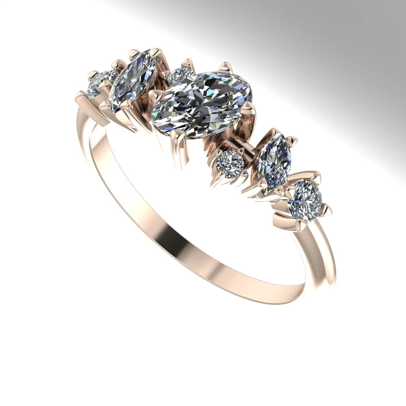An angled perspective of the Atlantis Paradise ring highlighting the three-dimensional layout of the diamond cluster.