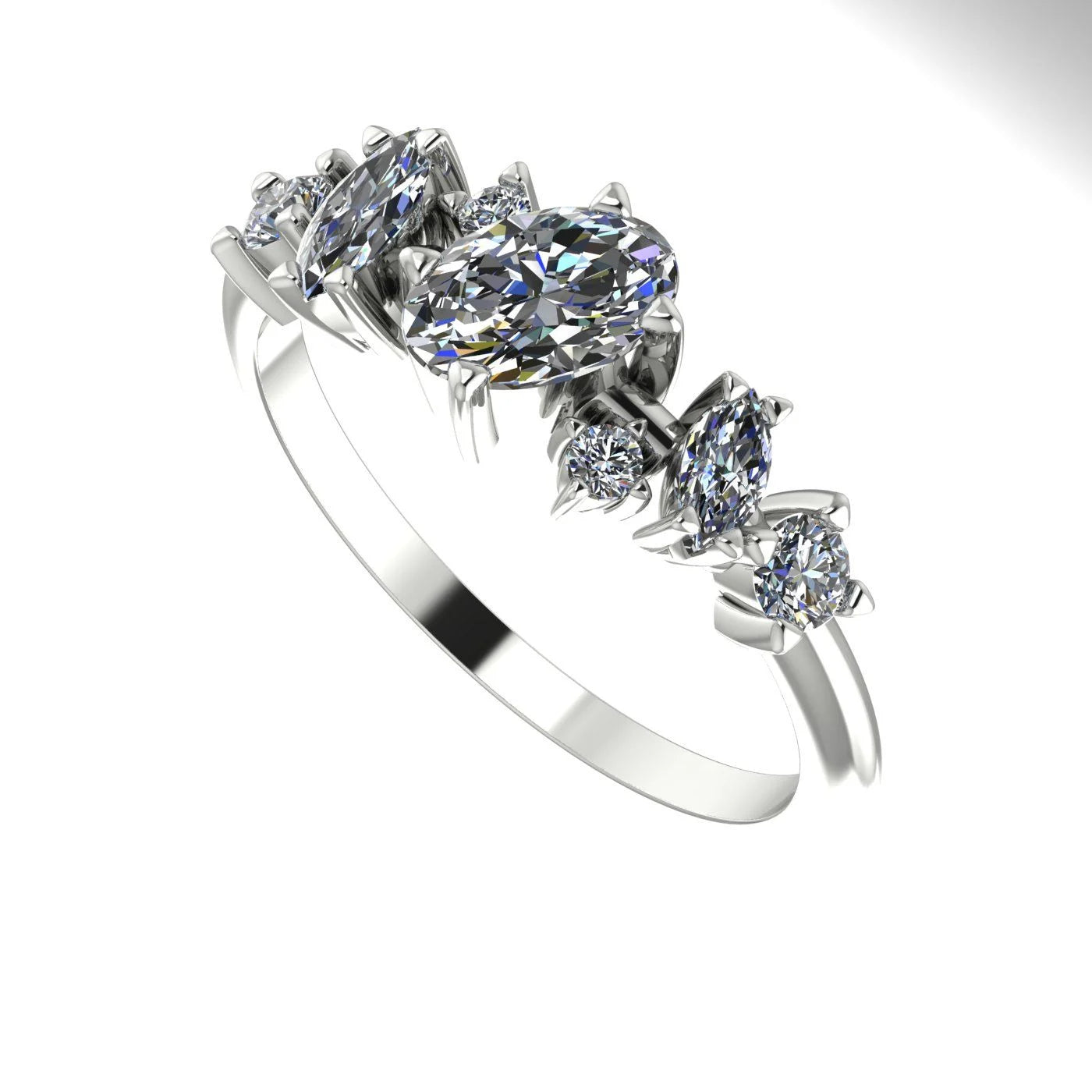 An angled view of the Atlantis Paradise ring highlighting the three-dimensional layout of the white diamond cluster.