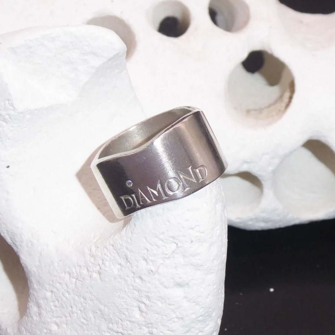 Shaped Wide Silver Diamond Ring