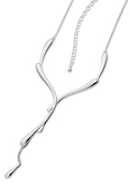 Dripping Silver Necklace on white background full length view — sculptural sterling silver lariat with extender chain and lobster claw fastening