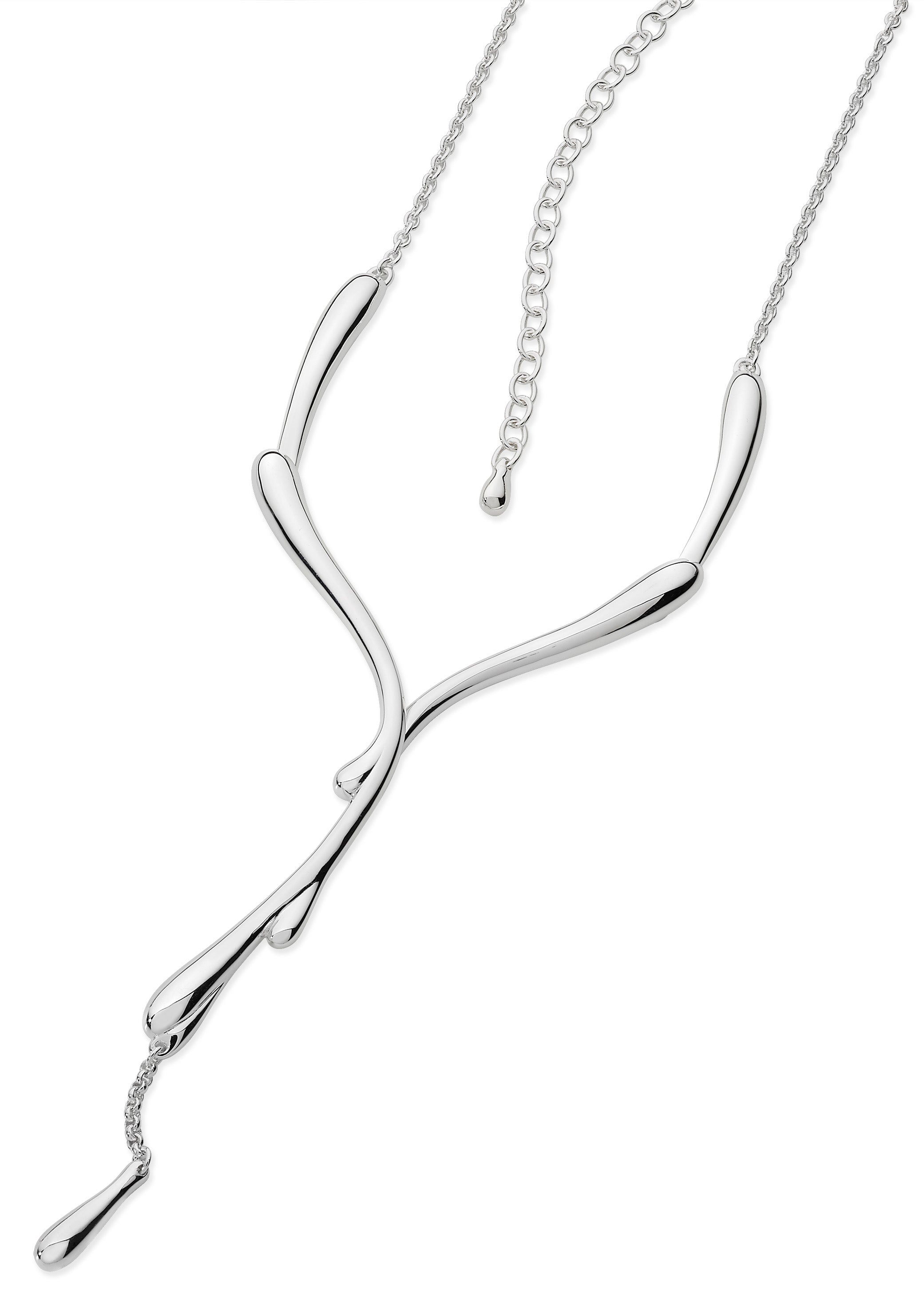 Dripping Silver Necklace on white background full length view — sculptural sterling silver lariat with extender chain and lobster claw fastening