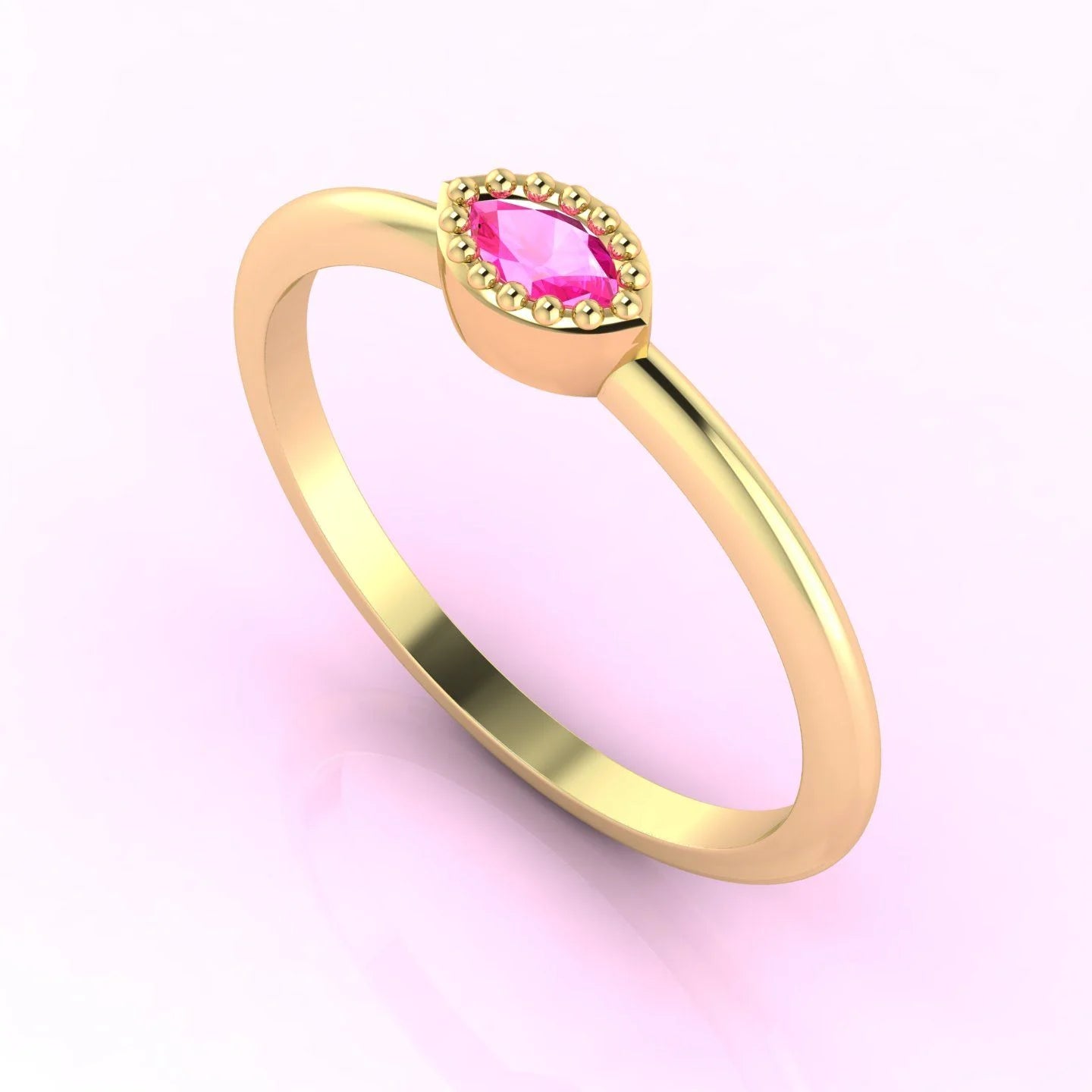 Three-quarter angled view of the dainty pink sapphire Mini Astraea ring highlighting the modern horizontal setting and vibrant gemstone colour.