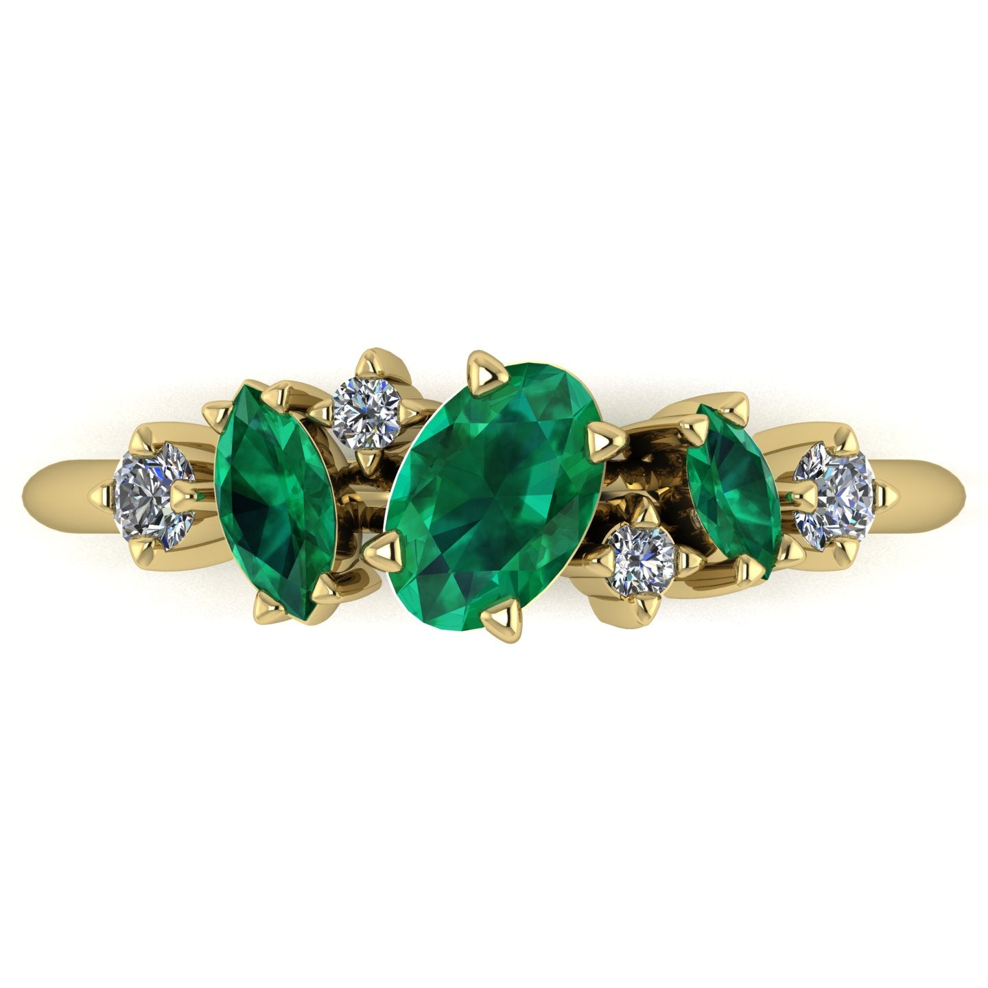 Top view of the 18ct yellow gold Atlantis Paradise ring featuring a central oval emerald with an asymmetrical diamond and emerald cluster.