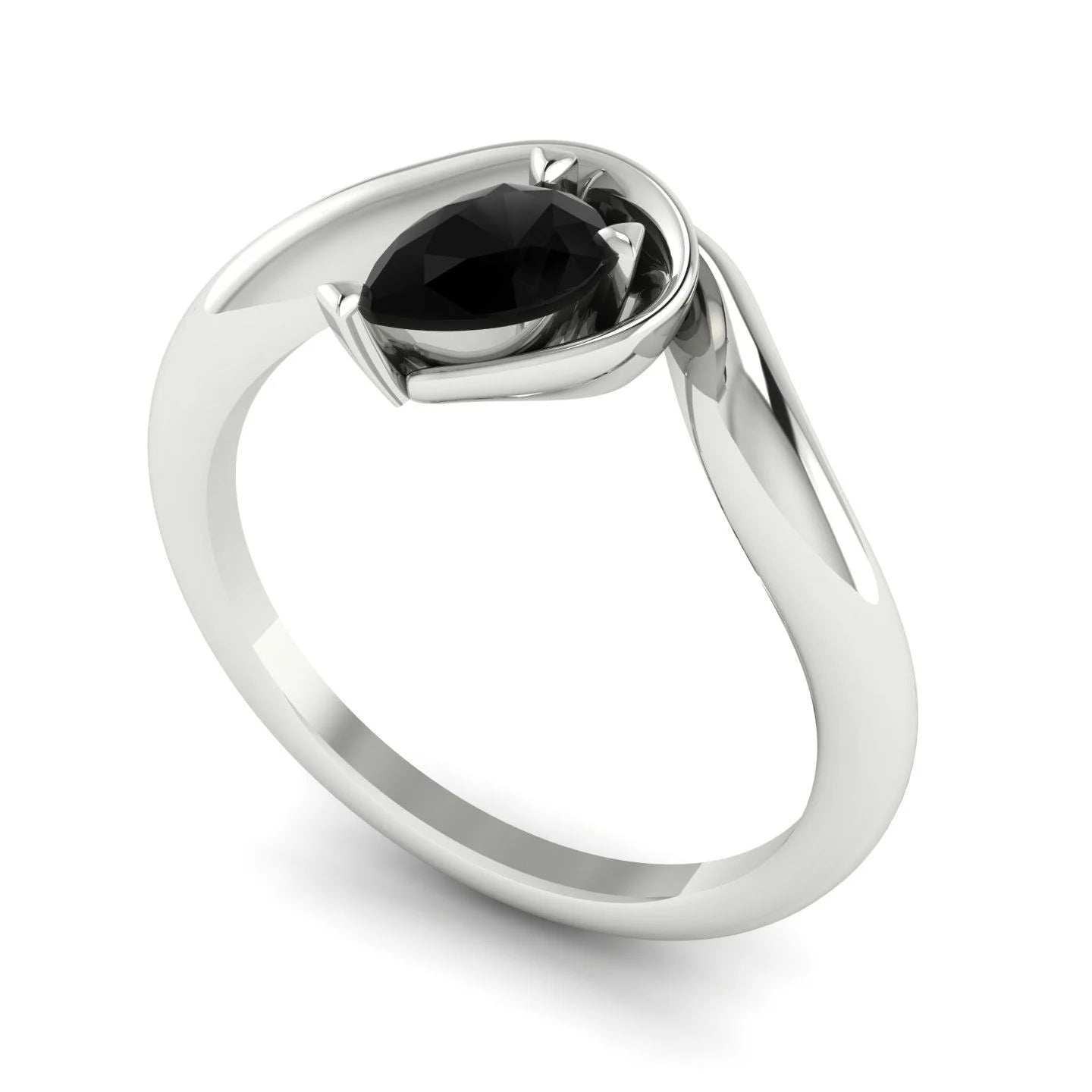 Enchanted black diamond pear engagement ring in white gold, three-quarter angle view showing ink-dark stone and asymmetric setting