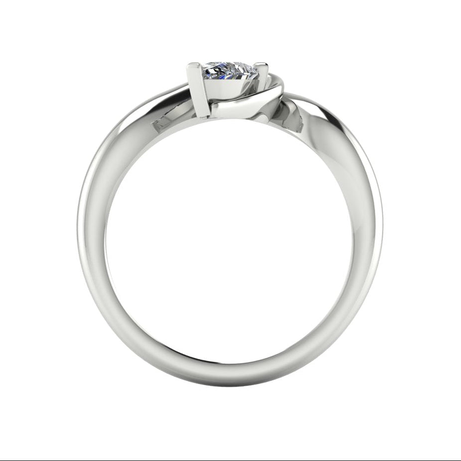 Enchanted pear diamond ring in white gold, through-finger view showing clean interior gallery and low-set asymmetric profile