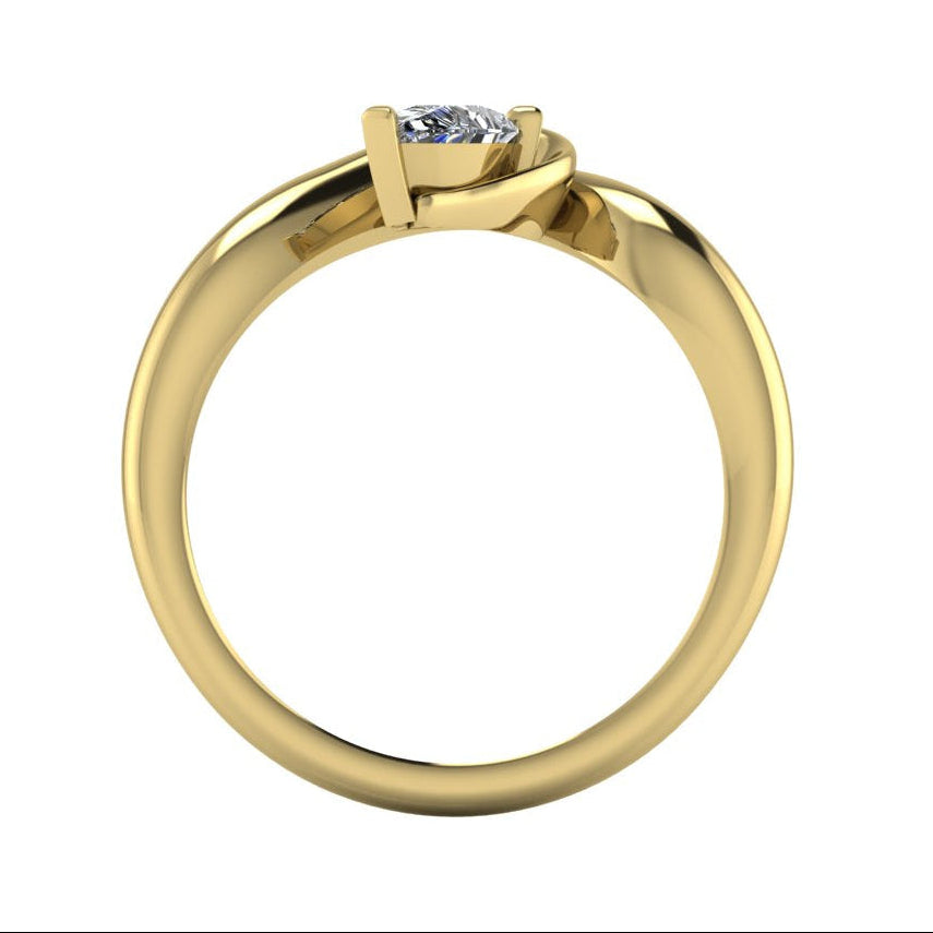 Enchanted pear diamond ring in yellow gold, side profile view showing dramatic sculptural asymmetric height and elegant sweeping band silhouette