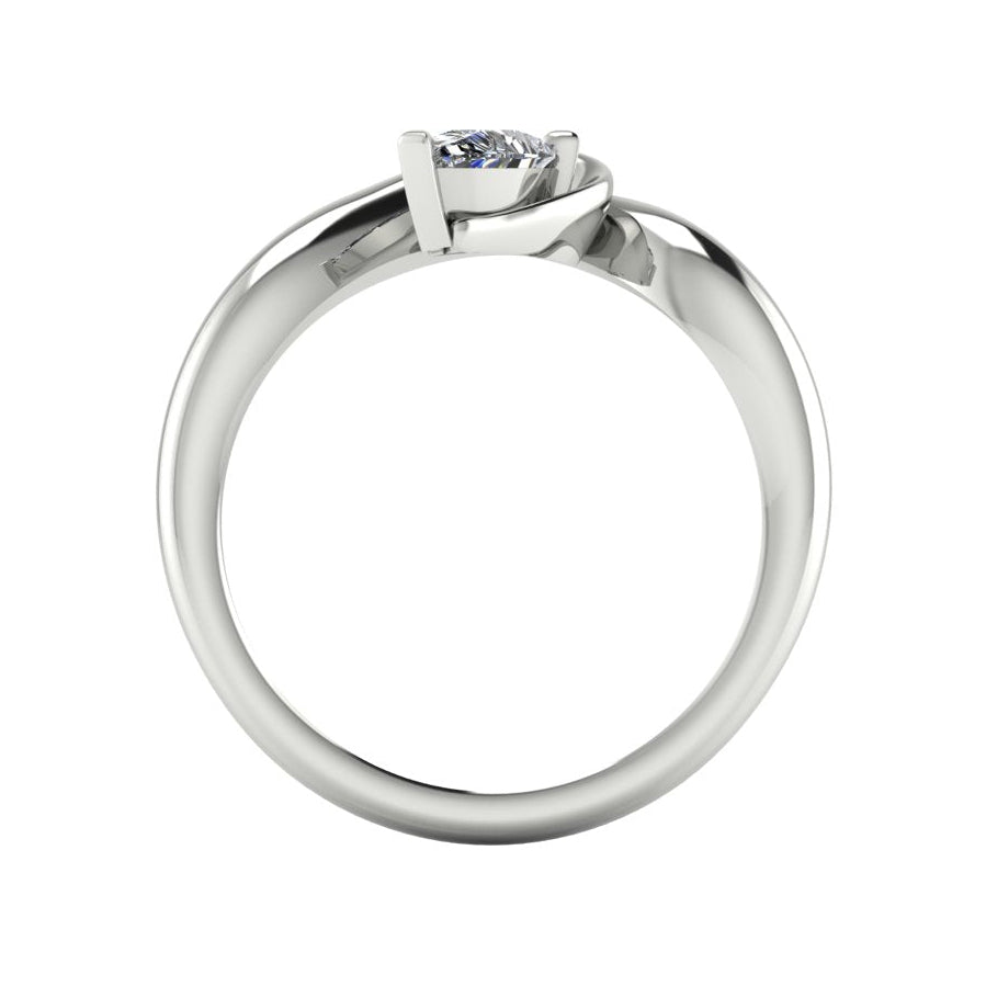 Enchanted pear diamond ring in white gold, through-finger view showing clean interior gallery and low-set asymmetric profile