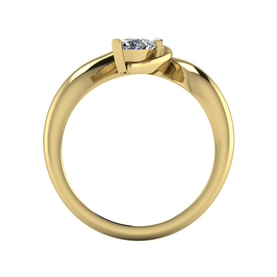 Enchanted pear diamond ring in yellow gold, through-finger profile view showing clean interior gallery and low-set asymmetric band