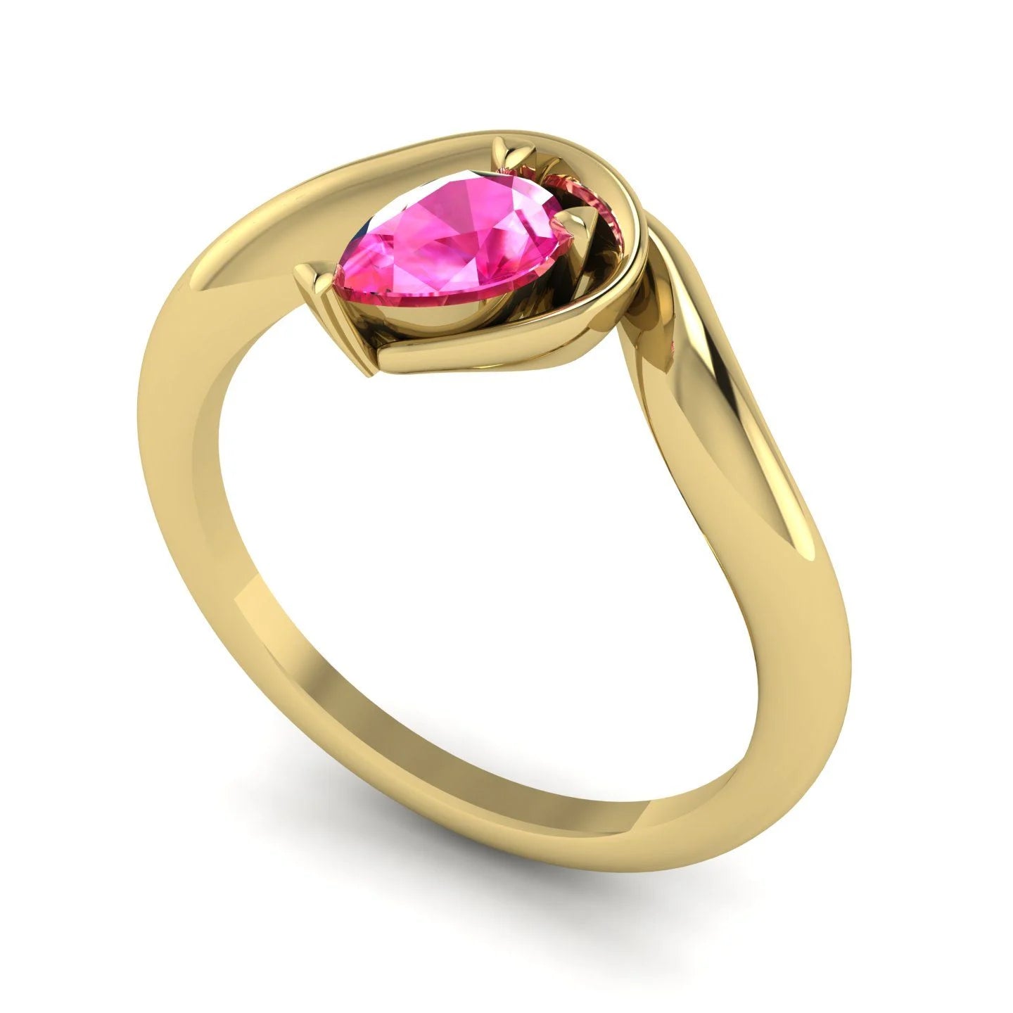 Enchanted pear shaped pink sapphire engagement ring in 18ct yellow gold, angled view showing fluid curved band and stone setting
