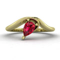 Enchanted pear shaped diamond asymmetric solitaire engagement ring in rose gold, front view showing brilliant diamond and sculptural sweeping band
