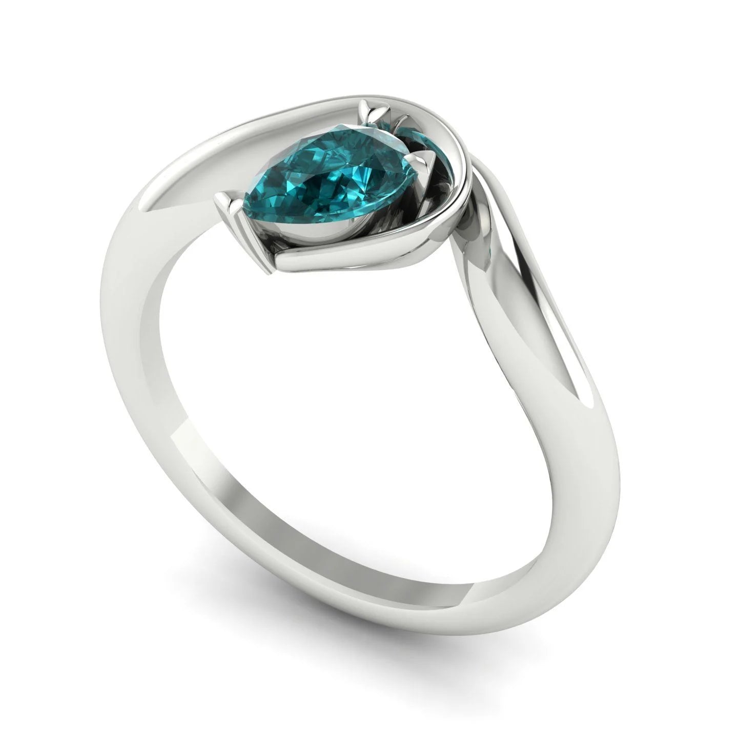 Enchanted teal sapphire pear engagement ring in white gold, three-quarter angle view showing stone and band detail