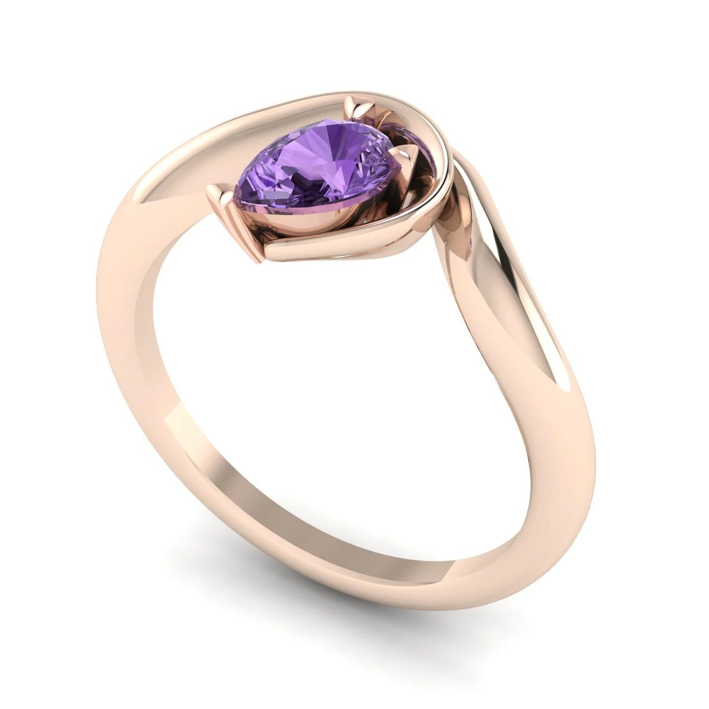 Enchanted violet sapphire pear engagement ring in rose gold, three-quarter angle view showing lavender stone nestled in asymmetric organic setting