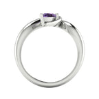 Enchanted pear violet sapphire ring in white gold, side profile view showing dramatic sculptural asymmetric height and elegant sweeping band silhouette