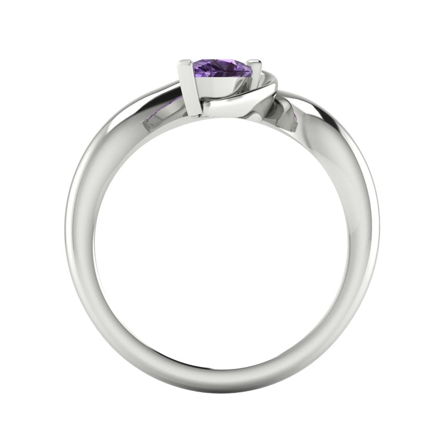 Enchanted pear violet sapphire ring in white gold, side profile view showing dramatic sculptural asymmetric height and elegant sweeping band silhouette