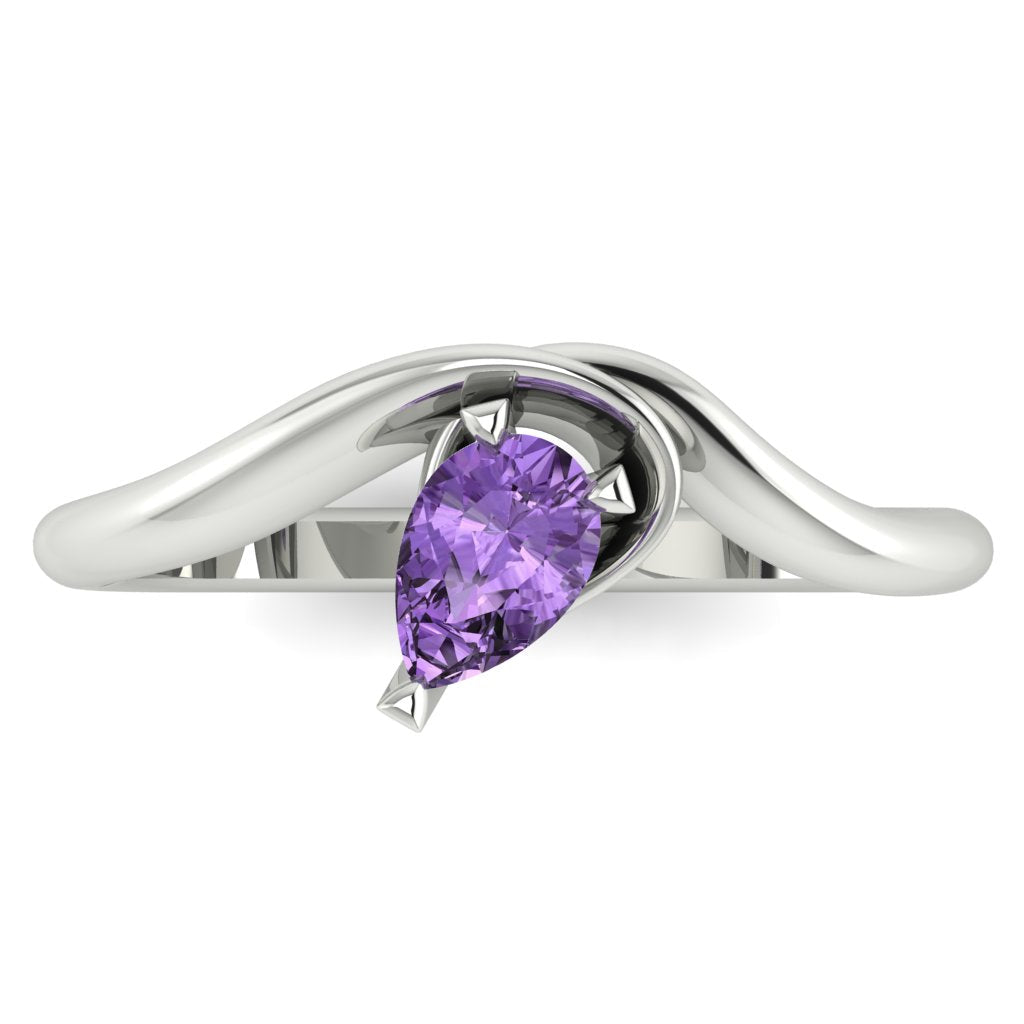 Enchanted pear shaped violet sapphire ring in white gold, overhead top-down view showing ethereal lavender stone and fluid sweeping band design