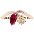 Entwined Toi et Moi pear shaped champagne diamond and marquise ruby engagement ring in 18ct recycled rose gold, handmade in London