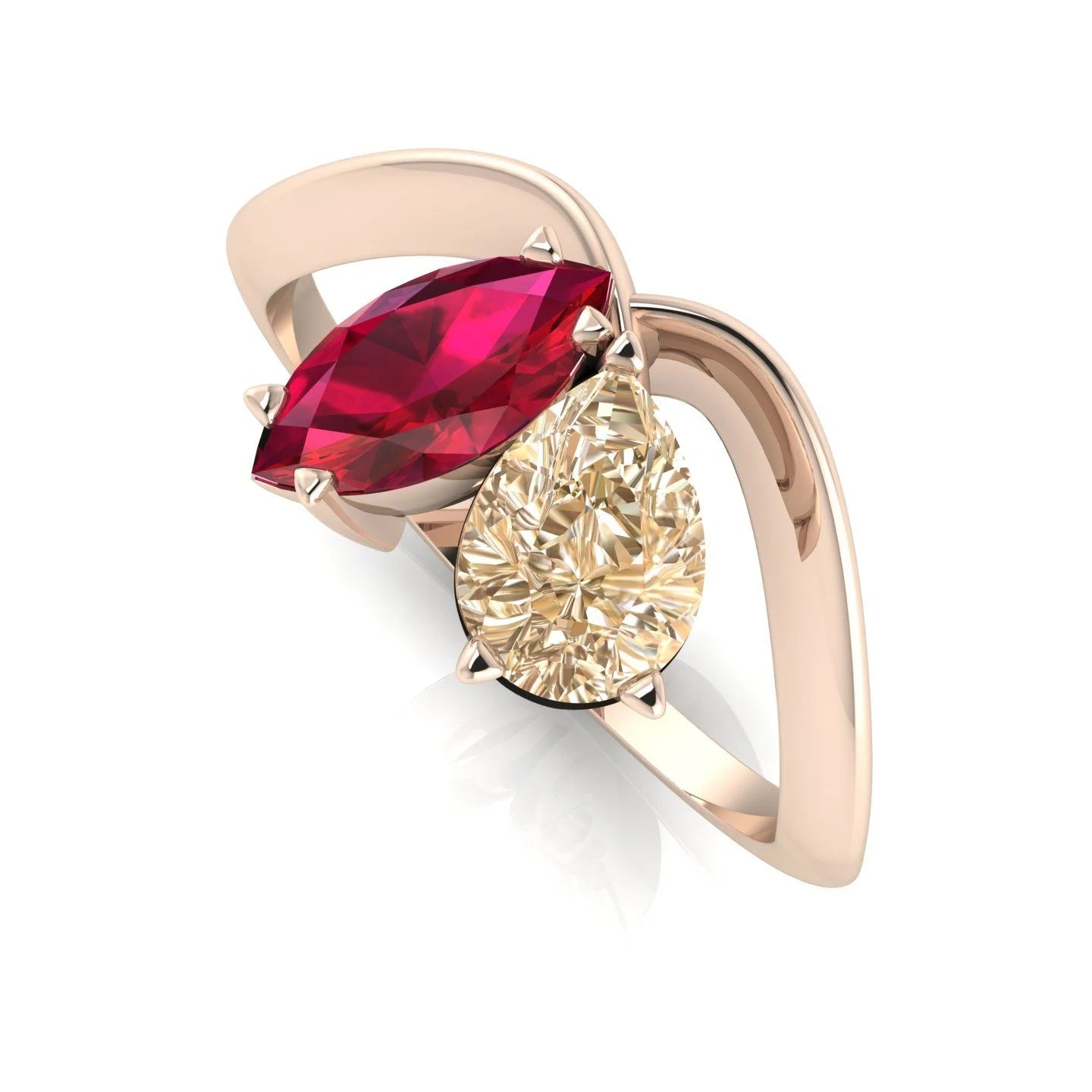 Close up of Entwined Toi et Moi ring showing champagne diamond and marquise ruby in rose gold setting