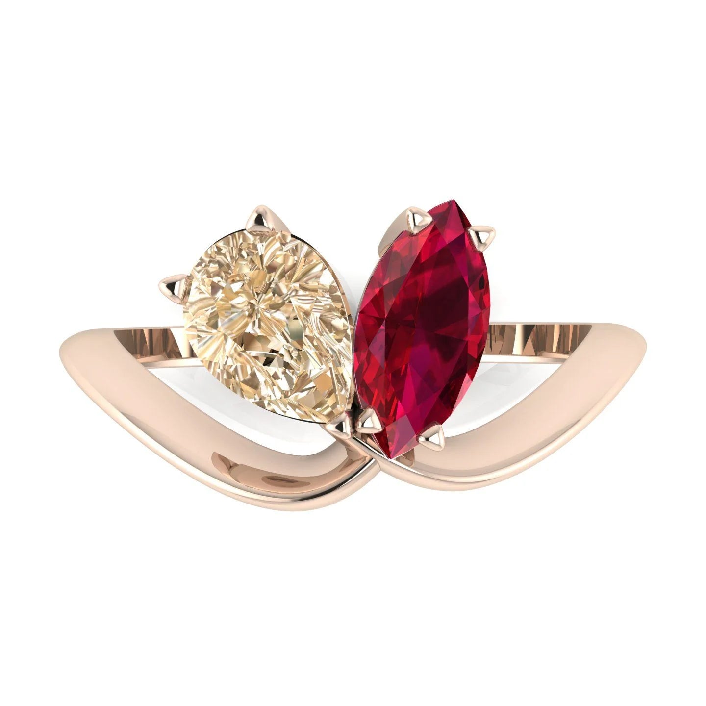 Entwined Toi et Moi champagne diamond and ruby ring side profile, 18ct rose gold, made to order in our London studio
