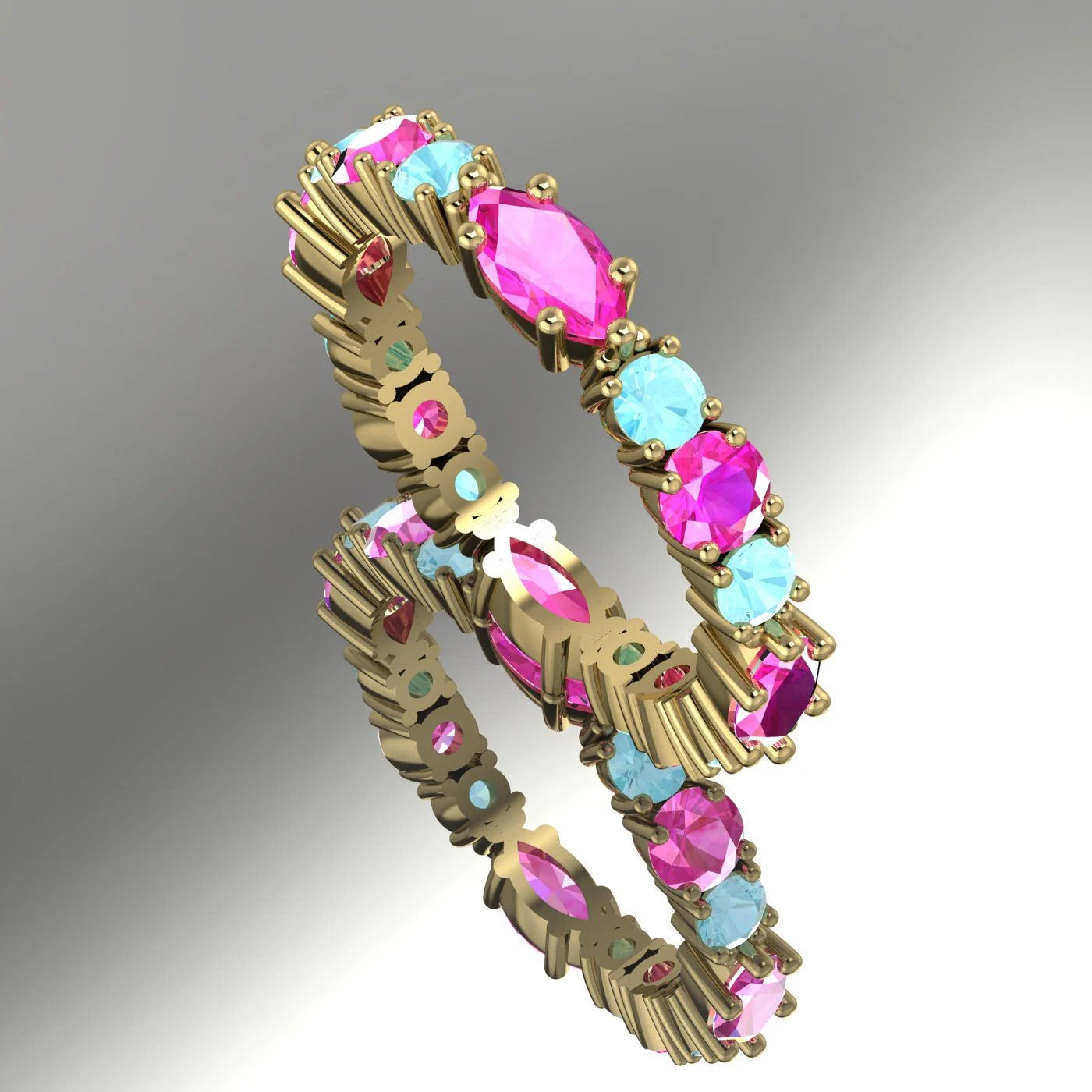 Fire & Ice eternity ring with aquamarine and pink sapphire in 18ct yellow gold.