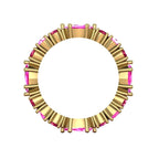 Side profile of the ruby and pink sapphire eternity band showing the delicate 18ct yellow gold claw settings.