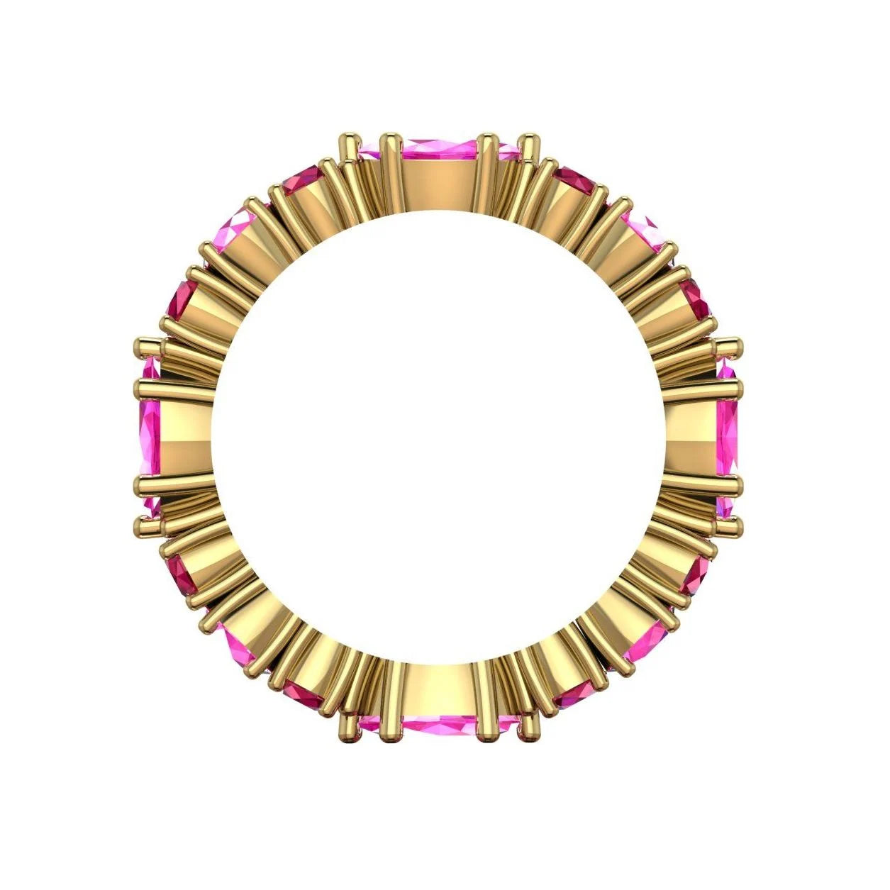 Side profile of the ruby and pink sapphire eternity band showing the delicate 18ct yellow gold claw settings.