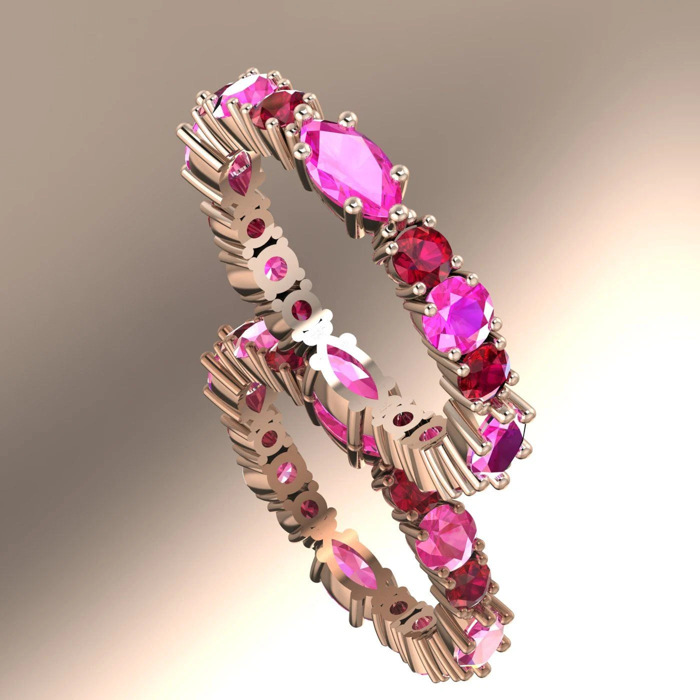 Fire eternity ring with rubies and pink sapphires in 18ct rose gold.