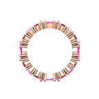 Fire eternity ring with rubies and pink sapphires in 18ct rose gold. Through finger view.