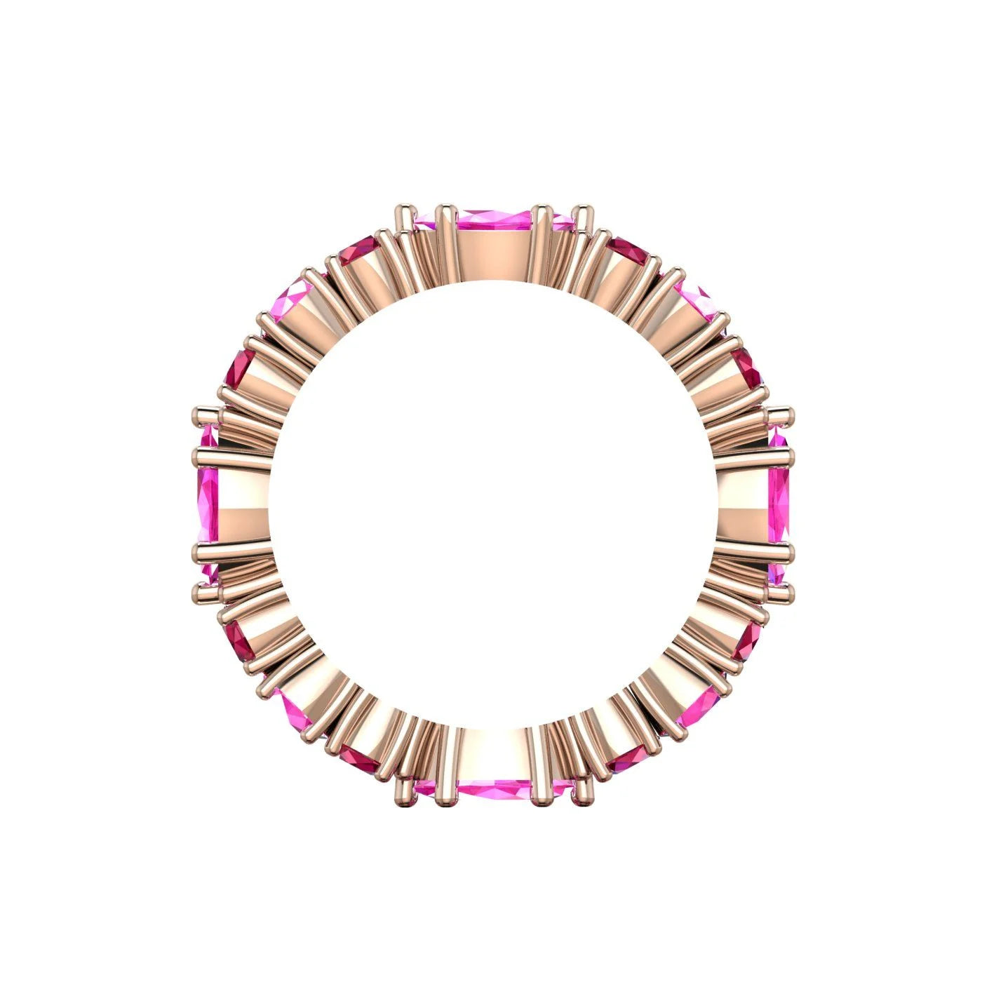 Fire eternity ring with rubies and pink sapphires in 18ct rose gold. Through finger view.