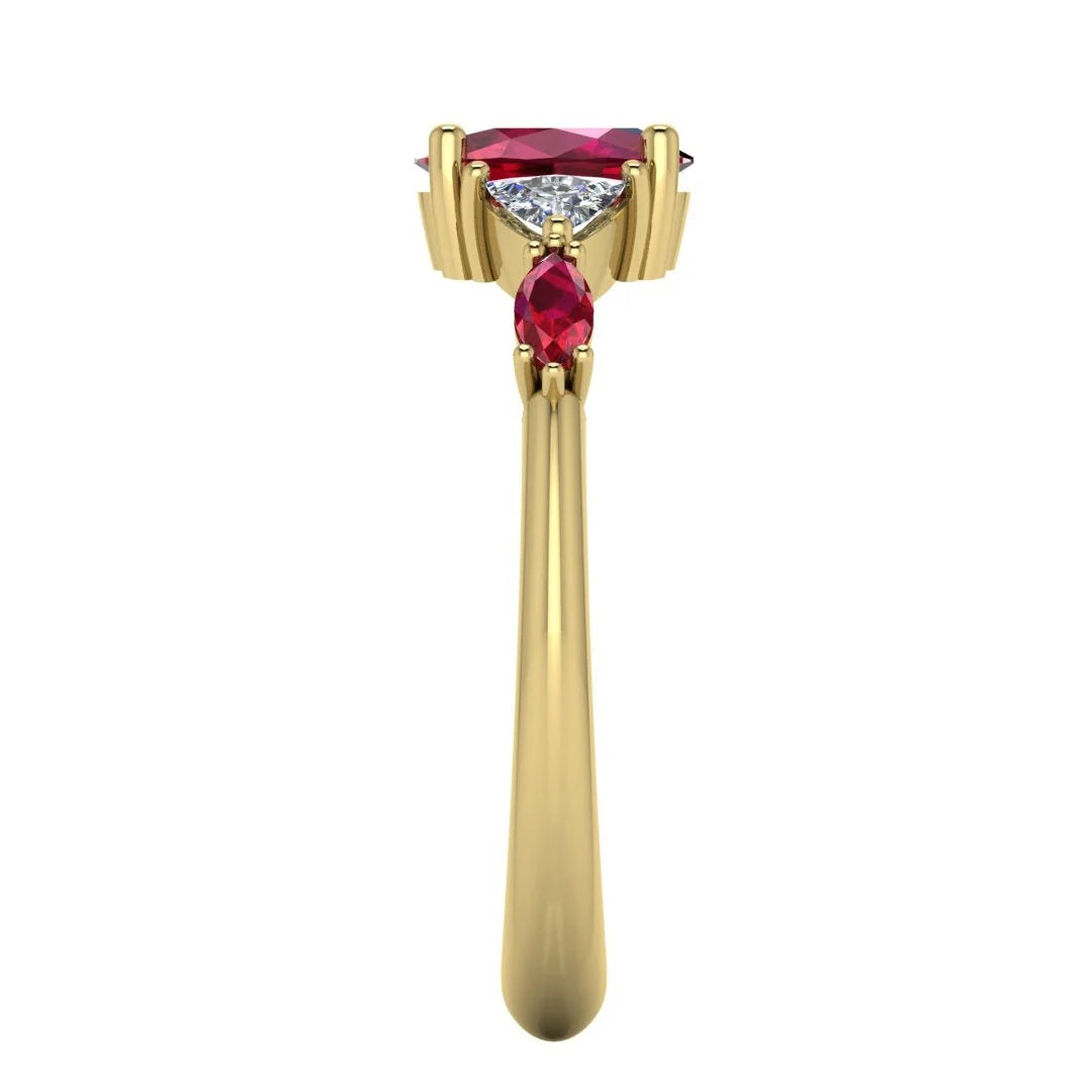 Maisie oval ruby and diamond five stone engagement ring in 18ct yellow gold, side profile view