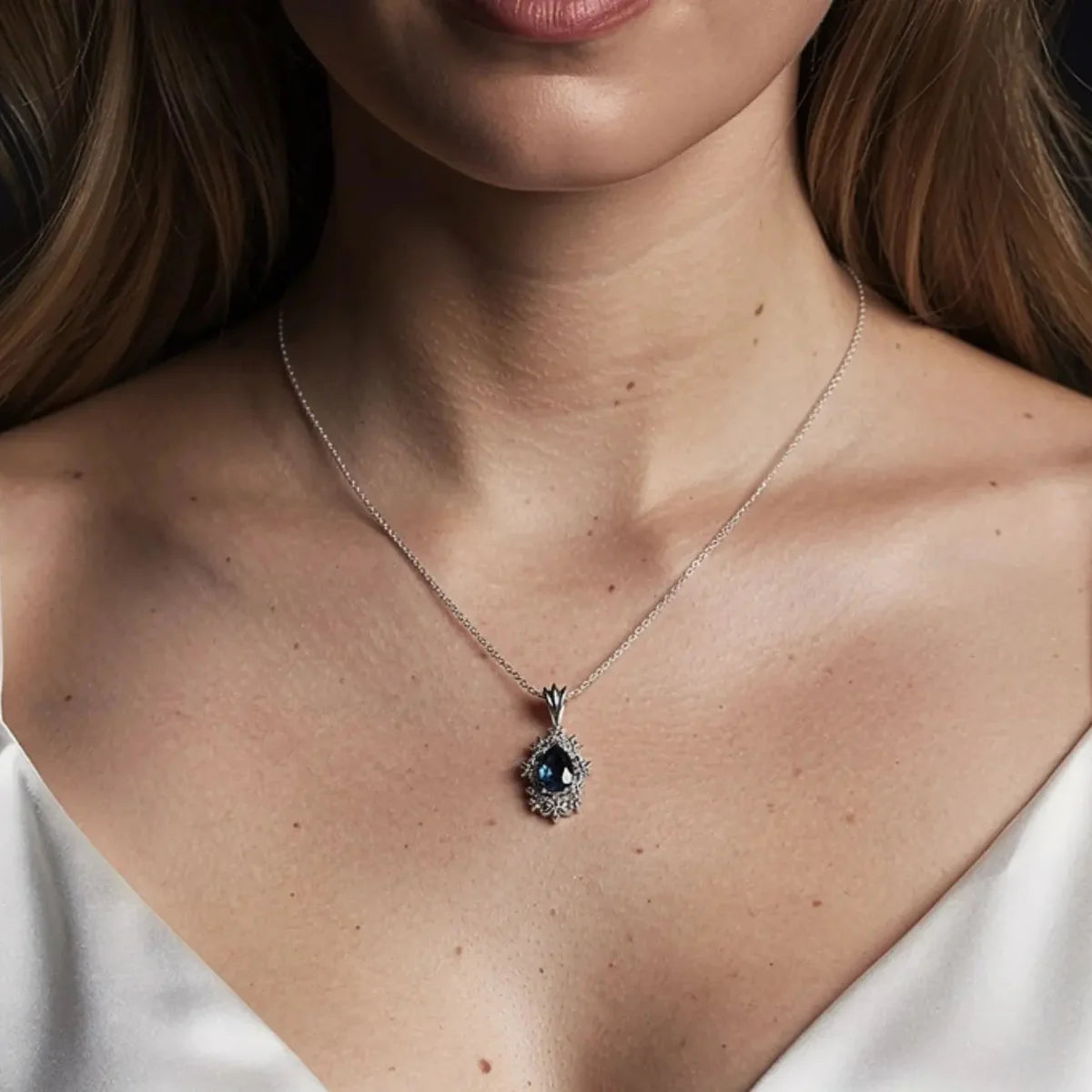 Fleur flower pendant necklace in recycled sterling silver with a 16 to 18 inch adjustable chain on model.