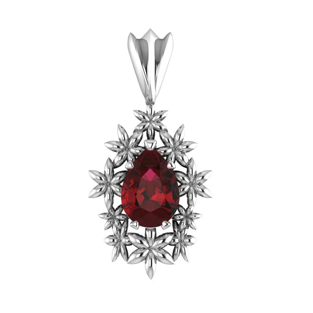 Close-up of pear-shaped garnet set in the Fleur recycled silver flower pendant