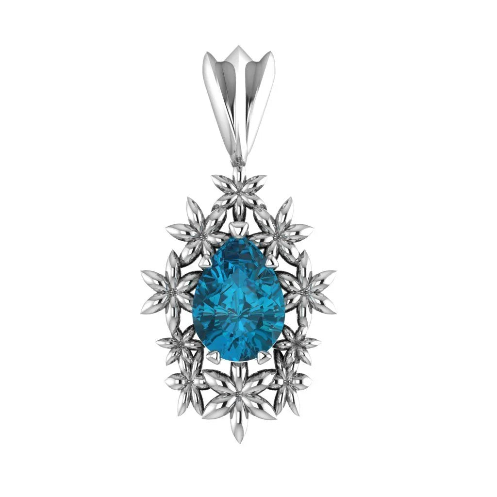 Fleur London Blue Topaz pendant necklace showing the pear-shaped blue gemstone and silver flower design