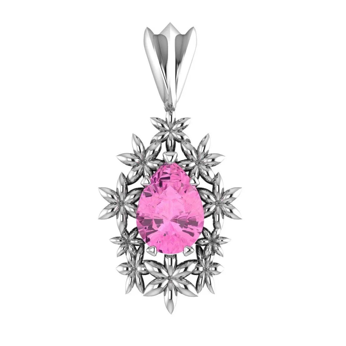 Fleur flower pendant with pear-shaped pink tourmaline and marquise-shaped silver petals