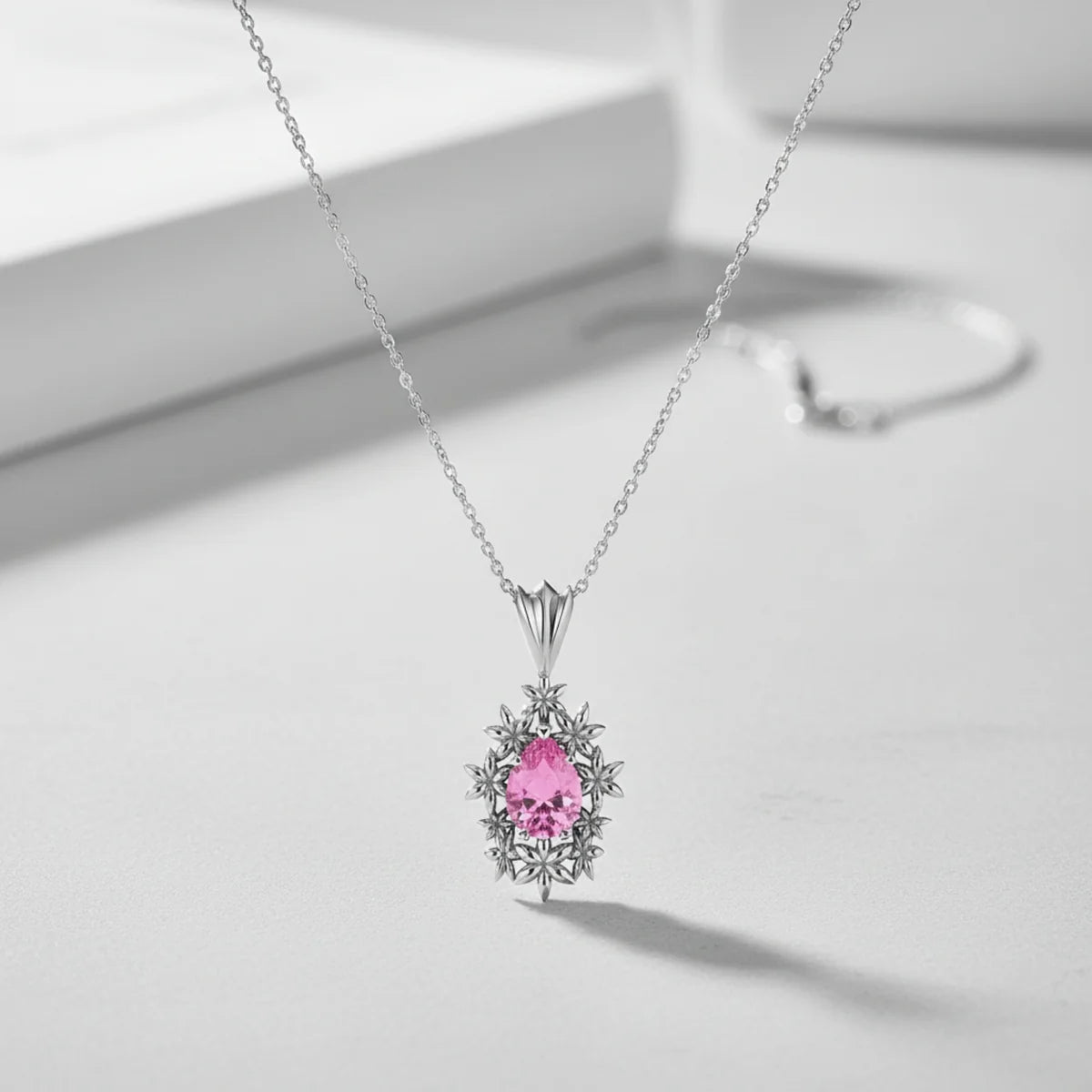 Fleur pink tourmaline flower pendant in recycled sterling silver with adjustable chain