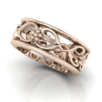 Flowers On The Vine floral wedding ring in 18ct rose gold, angled view showing open vine and blossom detail