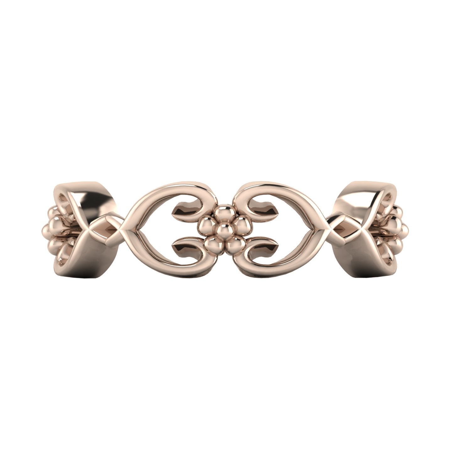 Flowers On The Vine floral wedding ring in 18ct rose gold, top-down view showing full circular band pattern