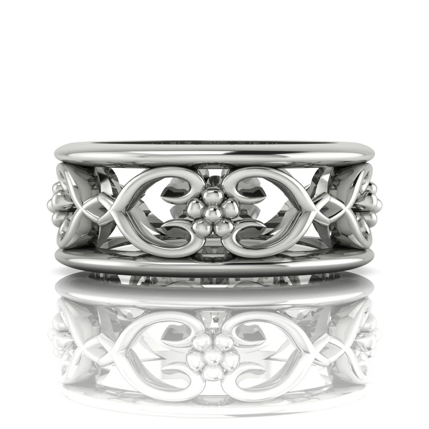 Flowers On The Vine floral wedding ring in white gold, front view with reflection