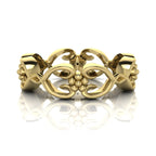Flowers On The Vine floral wedding ring in 18ct yellow gold, front view showing delicate open filigree vine and blossom detail