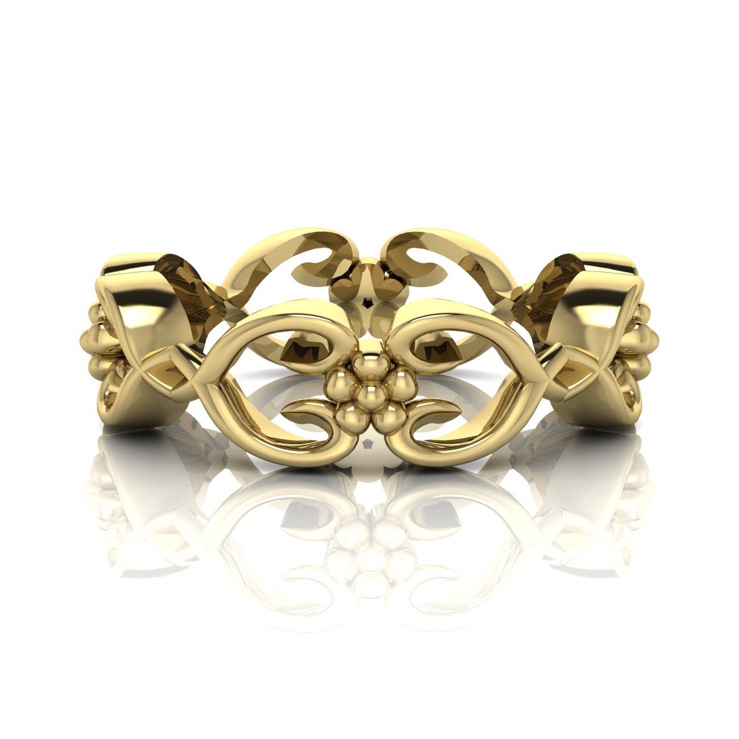 Flowers On The Vine floral wedding ring in 18ct yellow gold, front view showing delicate open filigree vine and blossom detail