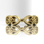 Flowers On The Vine floral wedding ring in 18ct yellow gold, side view showing delicate open side vine and blossom detail