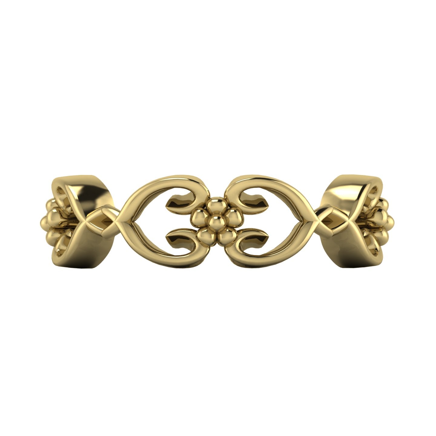 Flowers On The Vine floral wedding ring in 18ct yellow gold, side view showing delicate open vine and blossom detail