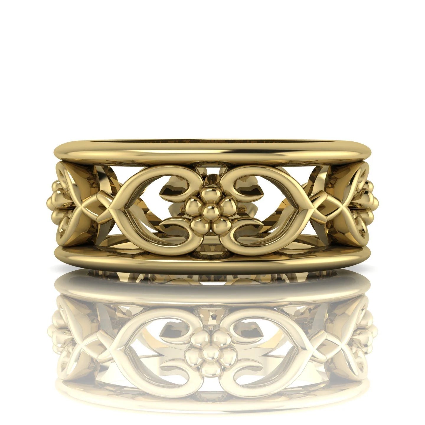 Flowers On The Vine floral wedding ring in 18ct yellow gold, front view with reflection
