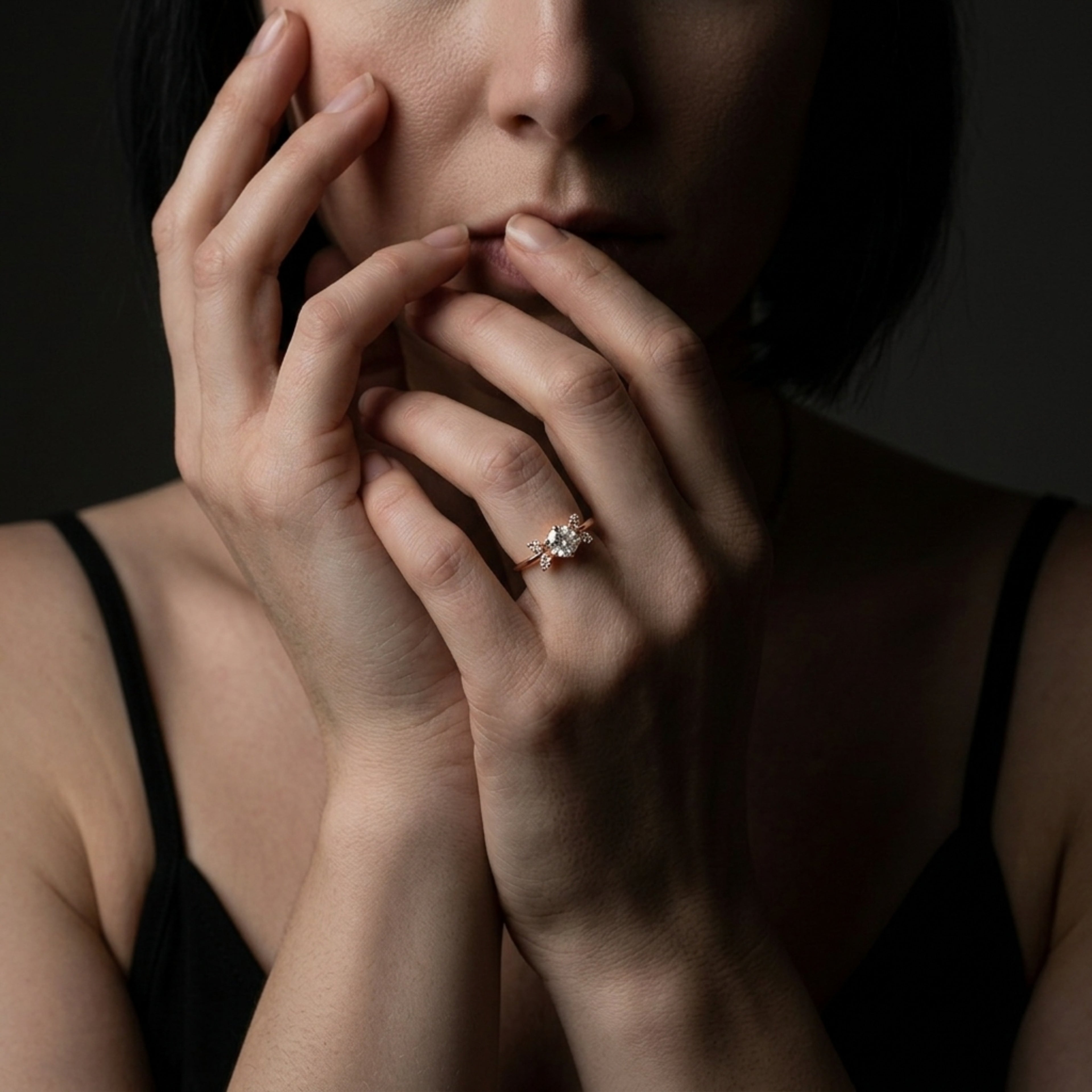 Model wearing the Flutterby all-diamond ring in rose gold — handmade contemporary jewellery London