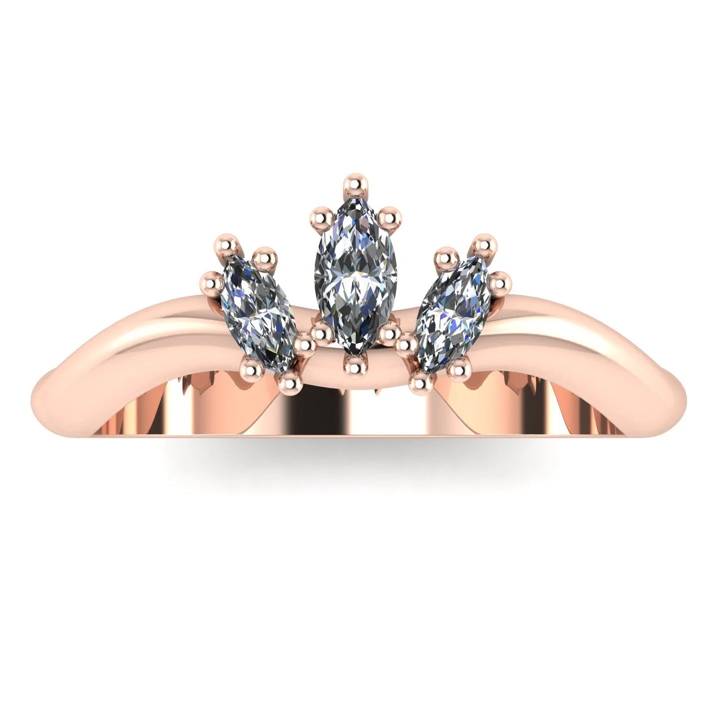 Front view of the Flutterby curved rose gold wedding band with three marquise-cut diamonds
